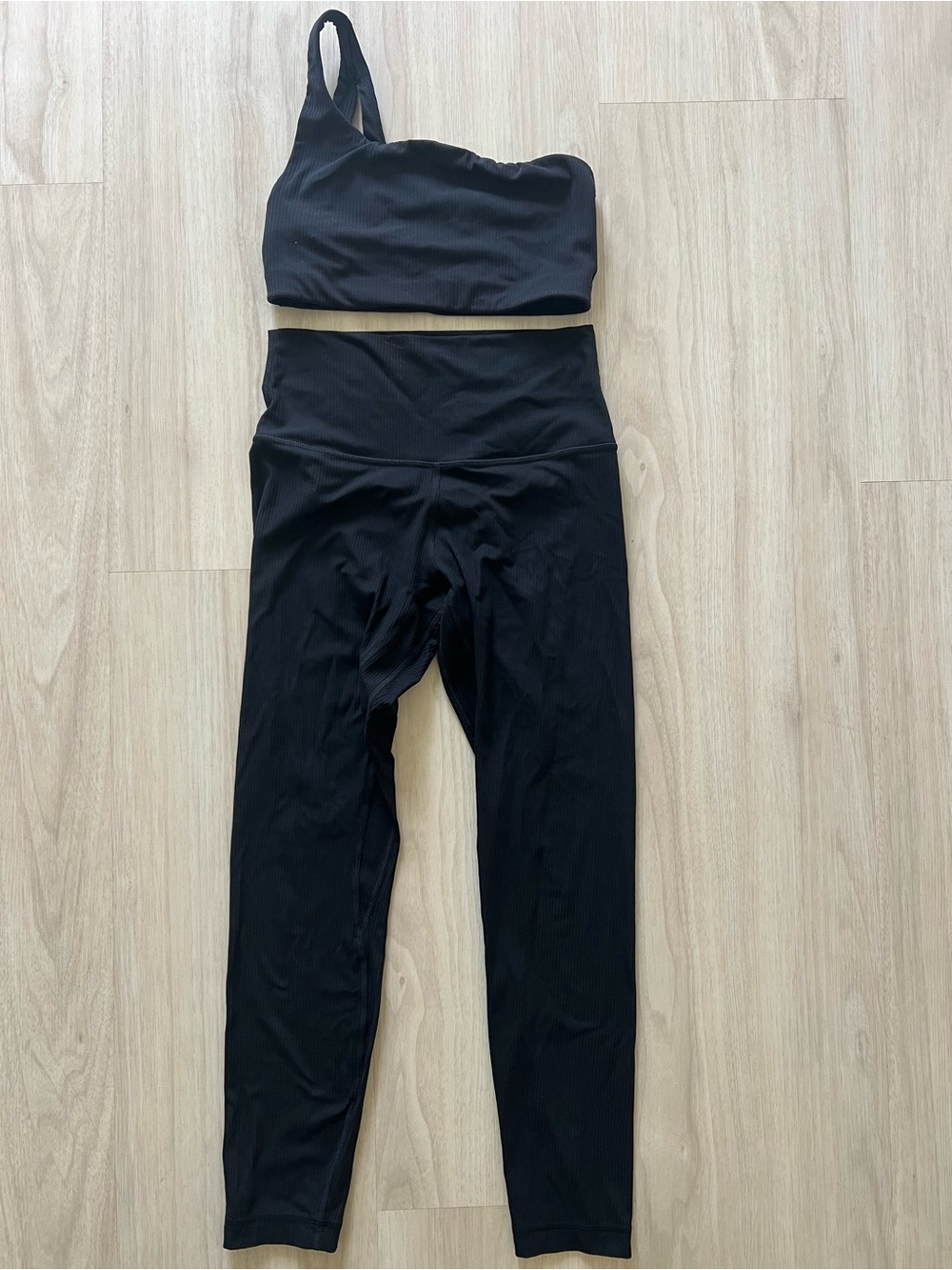 lululemon athletica Black Ribbed High-Waist Leggings and one shoulder